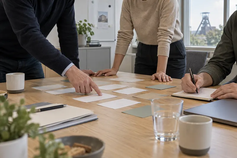 Prozessworkshop mit Karten und Notizen am Besprechungstisch.