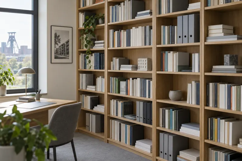 Bibliothek mit Fachbüchern und Ordnern im Büro.