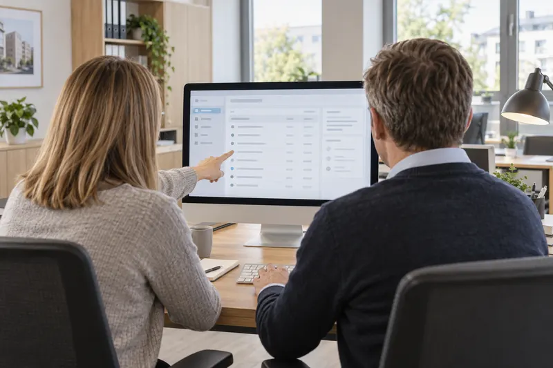 Zwei Teammitglieder besprechen einen Ablauf am Bildschirm im Büro.