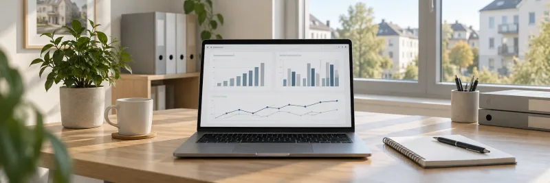 Laptop mit neutralen Diagrammen zur Auswertung neben Unterlagen am Bürofenster.