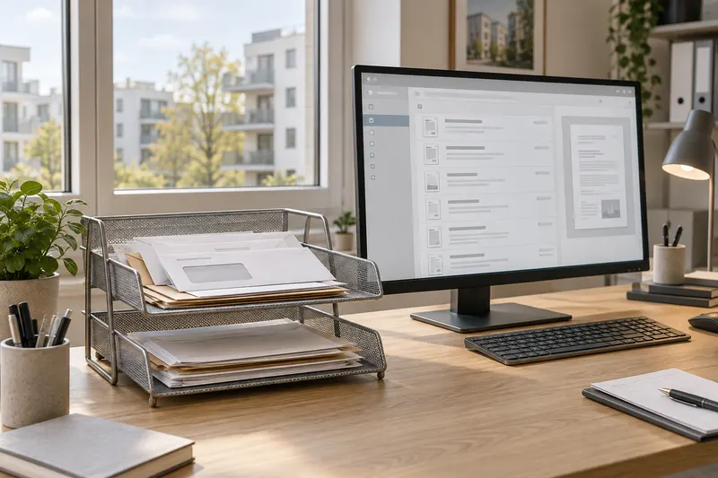 Posteingangskorb mit Unterlagen neben einem Monitor für die Dokumentenablage.